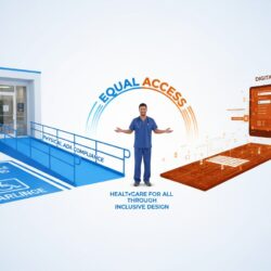 Physical wheelchair ramp and digital website access bridge showing ADA compliance in both physical and online spaces