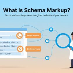 Schema markup explained with website code and labeled business information tags