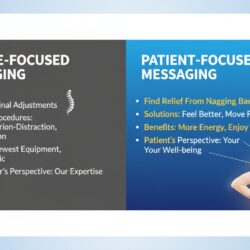Service-focused copy versus patient-focused conversion copy showing empathy-driven persuasive messaging