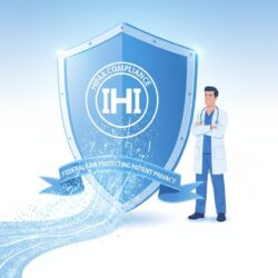 Shield with HIPAA emblem protecting patient health information and medical records from unauthorized access