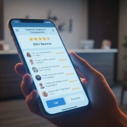 Smartphone displaying 5-star chiropractic Google reviews showing how online reputation influences patient decisions