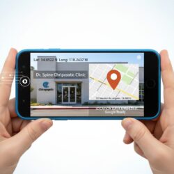 Smartphone photo capturing chiropractic office with GPS coordinates embedding location data into file