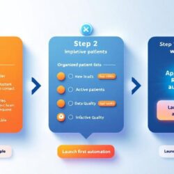 Three-step beginner roadmap for implementing email automation showing tool selection, list segmentation, and launching first automation sequence